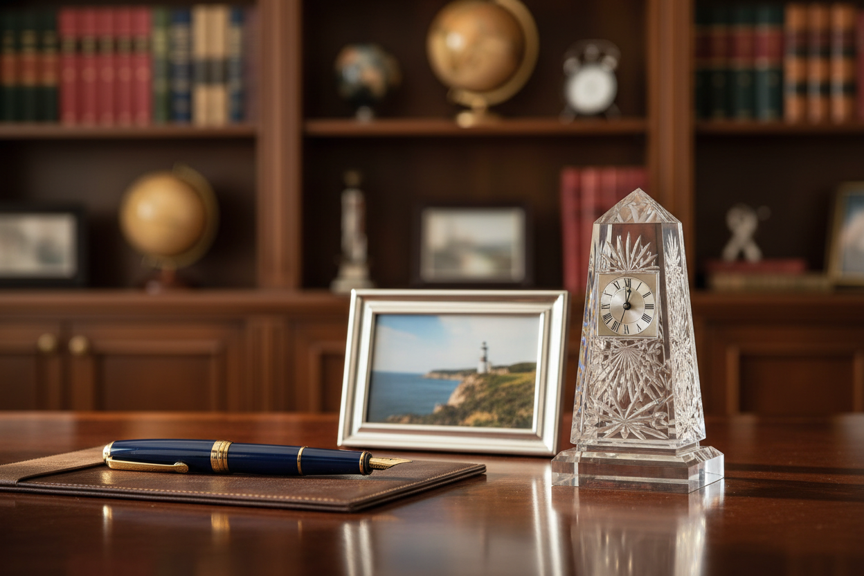 For the Desk Statement Piece: Engraved Crystal Award or Desk Clock